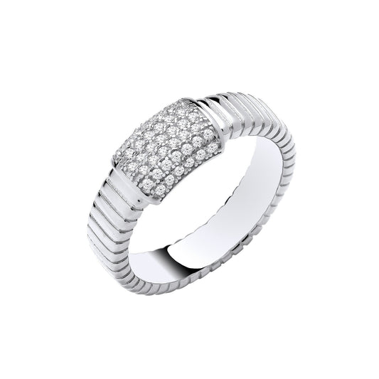 Silver Ribbed Link with Cubic Zirconia ID Plate Ring