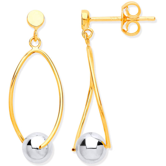 Yellow and White Gold Thin Wire Drop with White Gold Ball Earrings