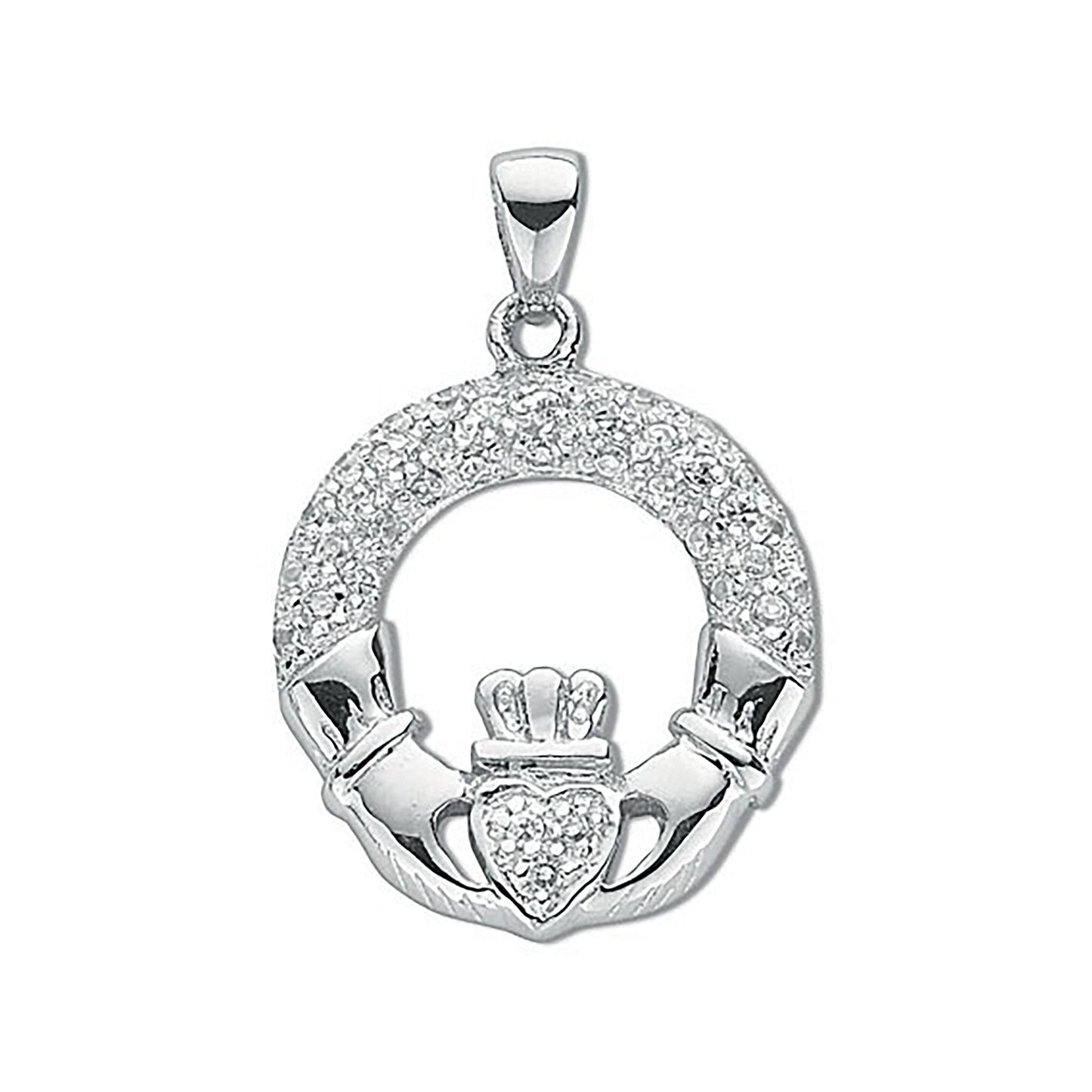 Silver Pave Set Cubic Zirconia Claddagh Drop Pendant