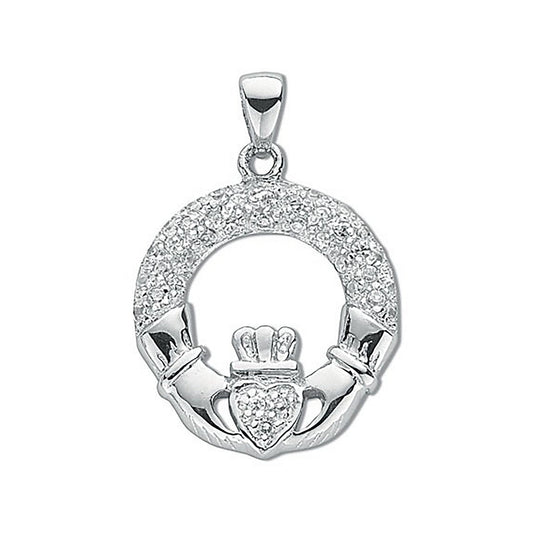 Silver Pave Set Cubic Zirconia Claddagh Drop Pendant