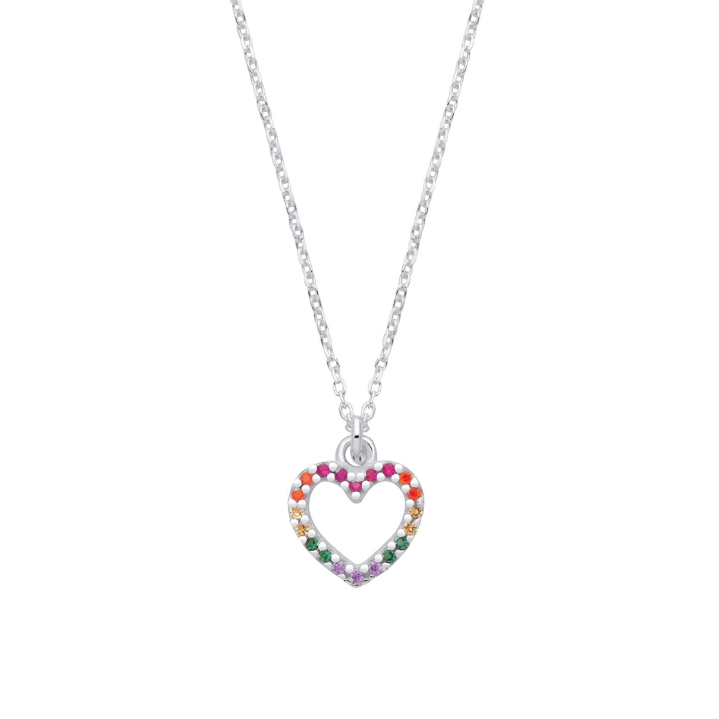 Silver Multi Colour Cubic Zirconia Heart Pendant Necklace