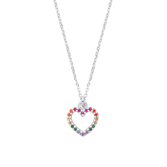 Silver Multi Colour Cubic Zirconia Heart Pendant Necklace