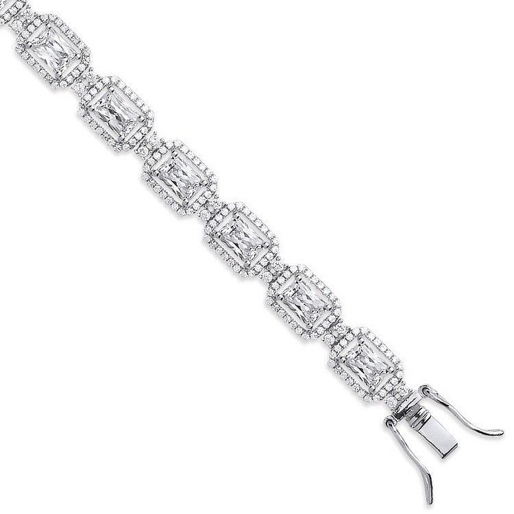 Silver Clear Cubic Zirconia Emerald Cut in a Halo Style Tennis Bracelet