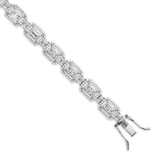 Silver Clear Cubic Zirconia Emerald Cut in a Halo Style Tennis Bracelet