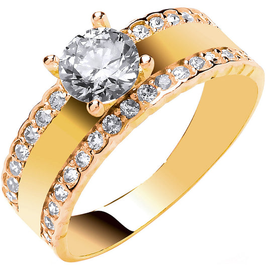Yellow Gold with Two Rows of Cubic Zirconias Engagement Ring