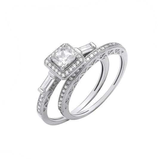 Silver Bridal Set Pear Cut & Baguette Cubic Zirconias Half Eternity Rings