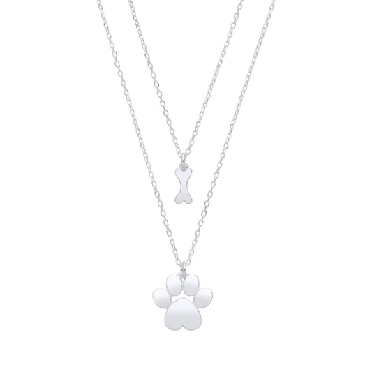 Silver Dog Paw & Bone Pendant Necklace