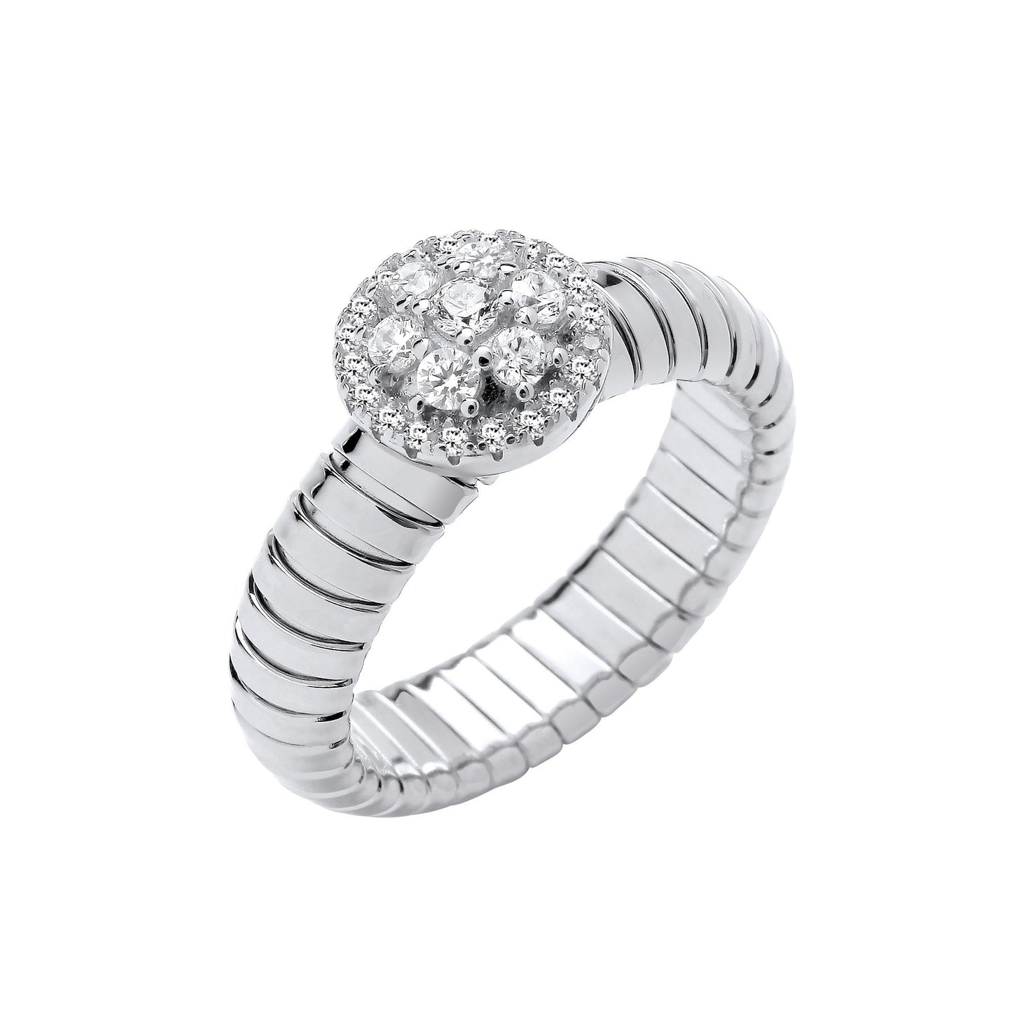 Silver Ribbed Link Cubic Zirconia Cluster Ring