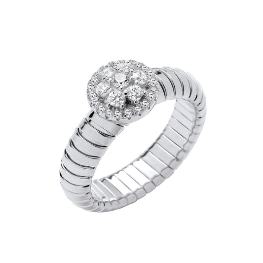 Silver Ribbed Link Cubic Zirconia Cluster Ring