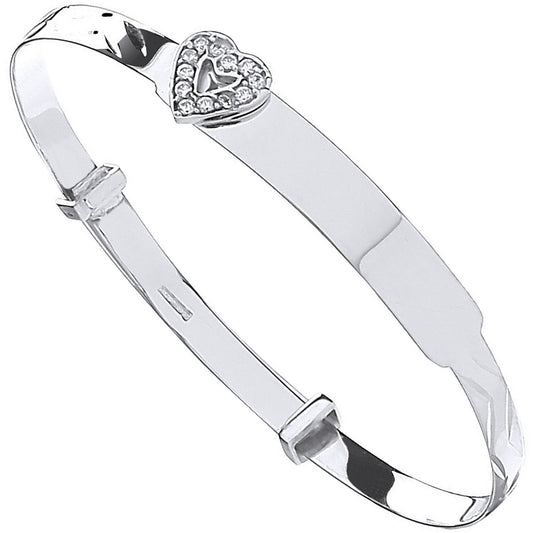 White Gold Diamond Cut Expandable Baby Bangle Cubic Zirconia Heart