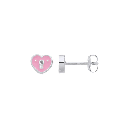 Silver Pink Enamel Heart Keyhole Stud Earrings
