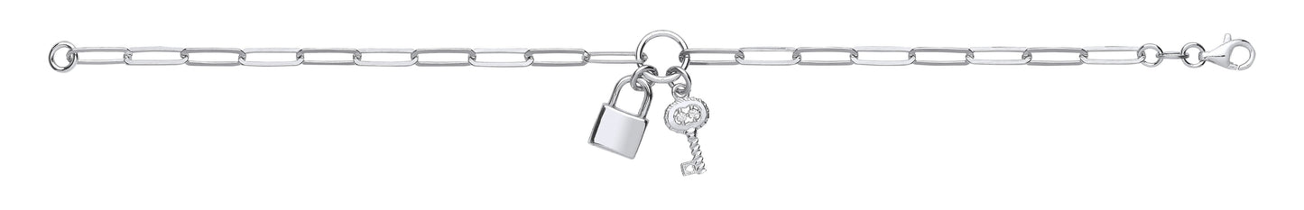 Silver Paper Clip Chain , Padlock & Cubic Zirconia Key Bracelet
