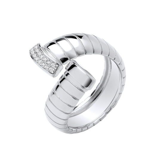 Silver Ribbed Crossover Cubic Zirconia Ring
