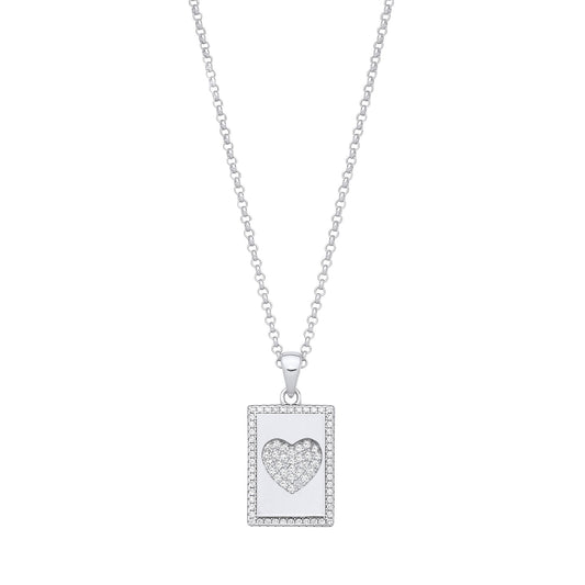 Silver Dog Tag Cubic Zirconias Heart Pendant on Chain