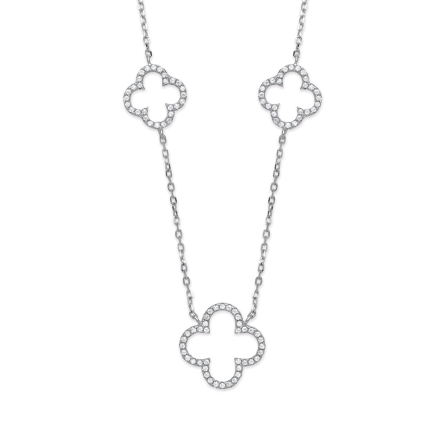 Silver Cubic Zirconia Four Leaf Clover Pendant 16" Necklace