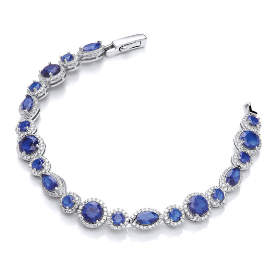 Marquise & Rounds Sapphire Blue Cubic Zirconias in Halo with Clear Cubic Zirconia Tennis Silver Bracelet
