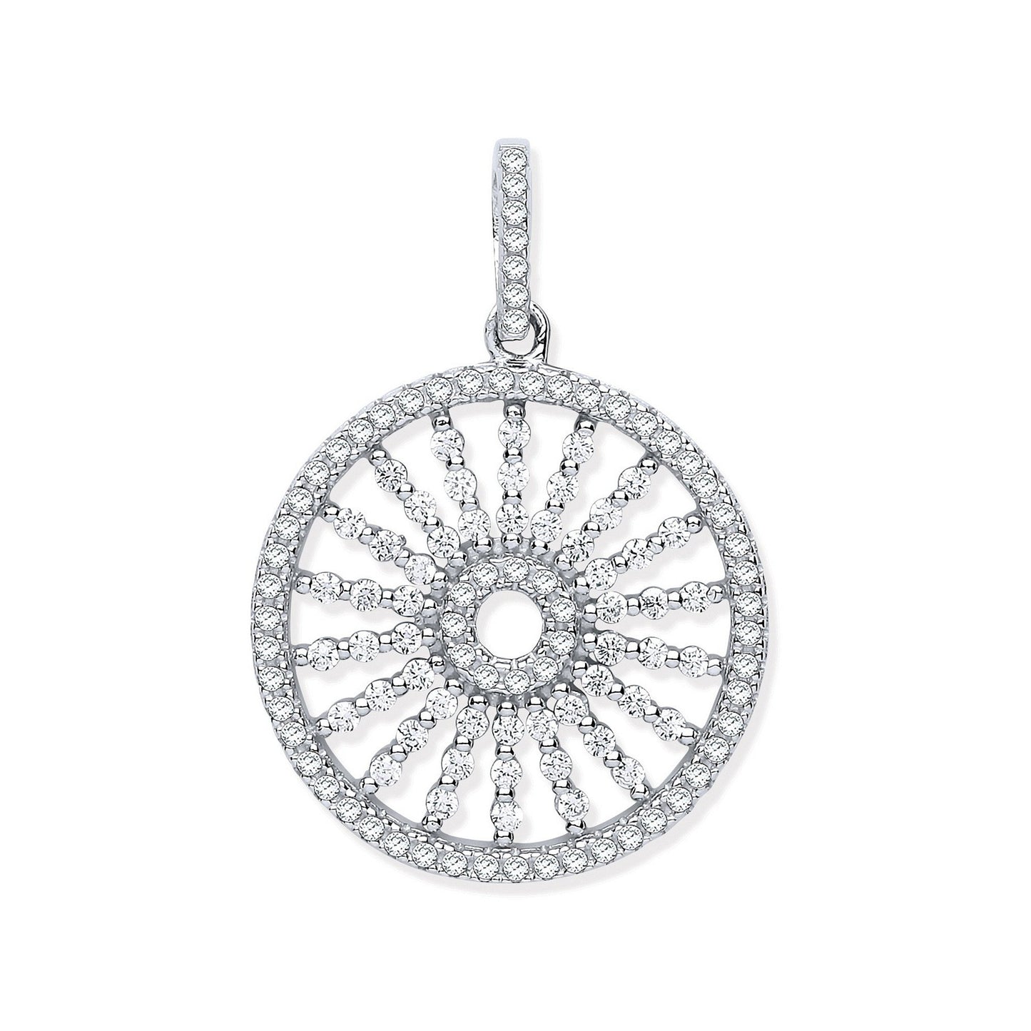 Silver Circle with Burst Lines Cubic Zirconia Pendant