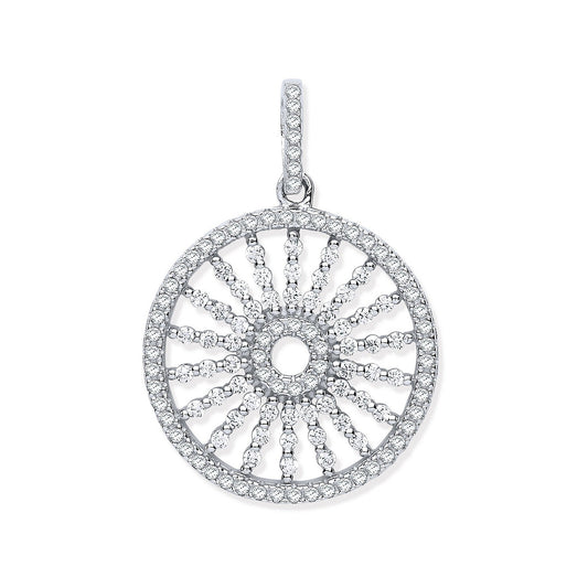 Silver Circle with Burst Lines Cubic Zirconia Pendant