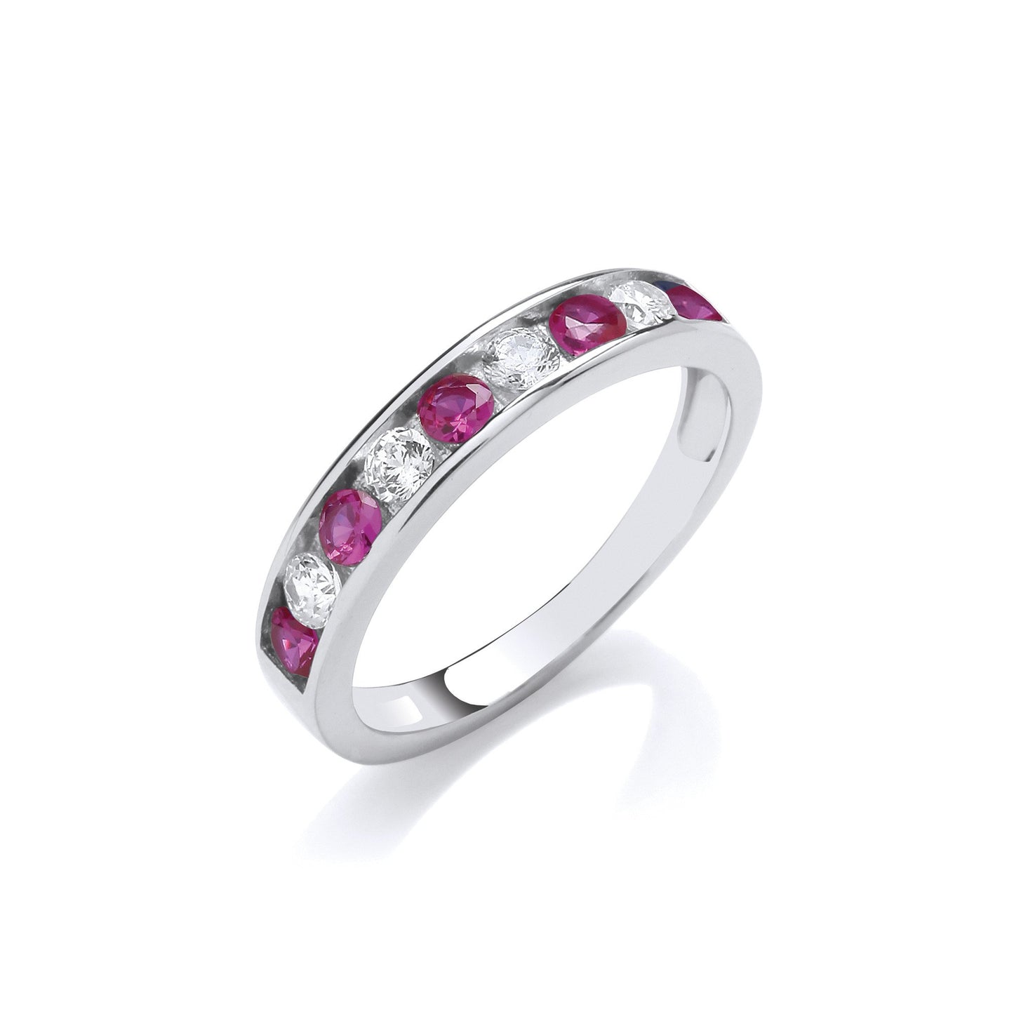 Ruby Red & Clear Cubic Zirconia Half Eternity Silver Ring