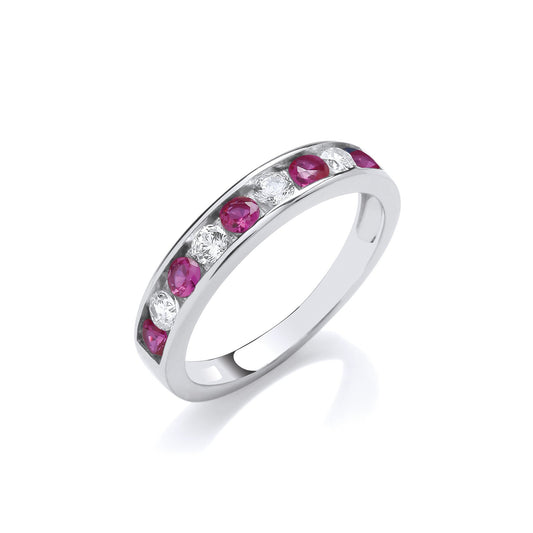 Ruby Red & Clear Cubic Zirconia Half Eternity Silver Ring
