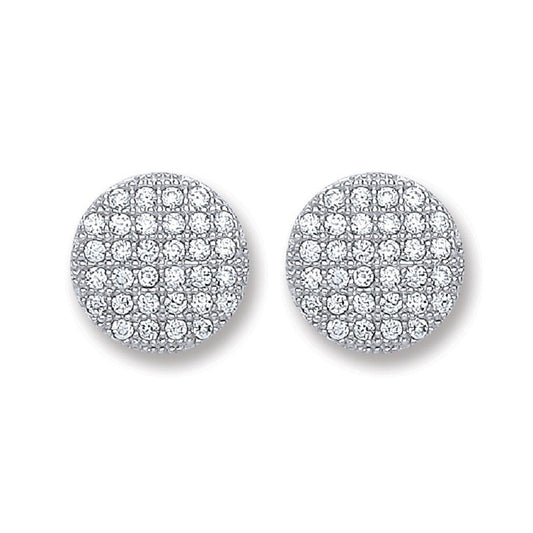 Silver Button Cubic Zirconia Stud Earrings