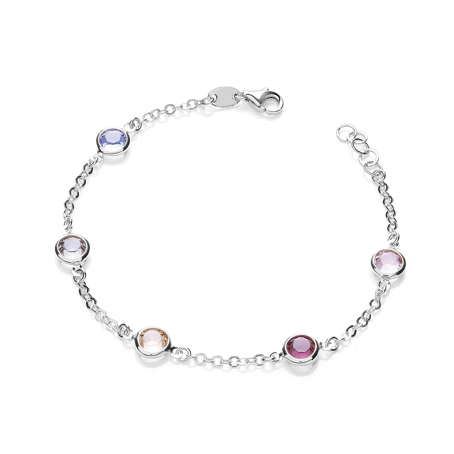 Silver 5 Multi Coloured Rubover Cubic Zirconias 7"/19cm Bracelet