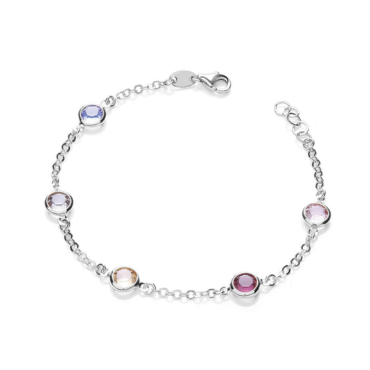 Silver 5 Multi Coloured Rubover Cubic Zirconias 7"/19cm Bracelet