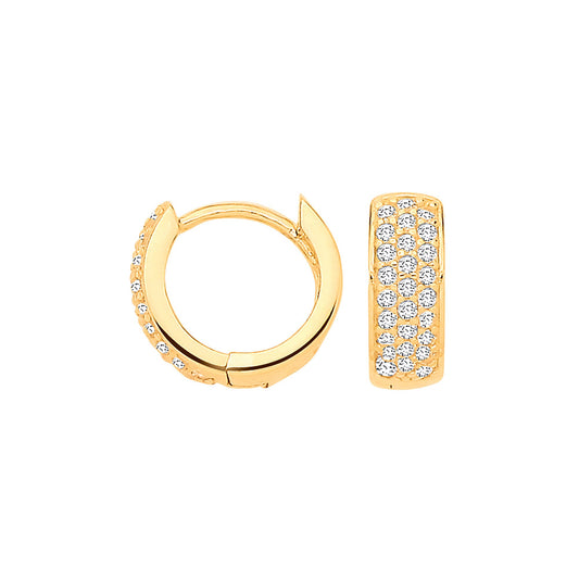 Yellow Gold Three Rows of Cubic Zirconias Small Huggies