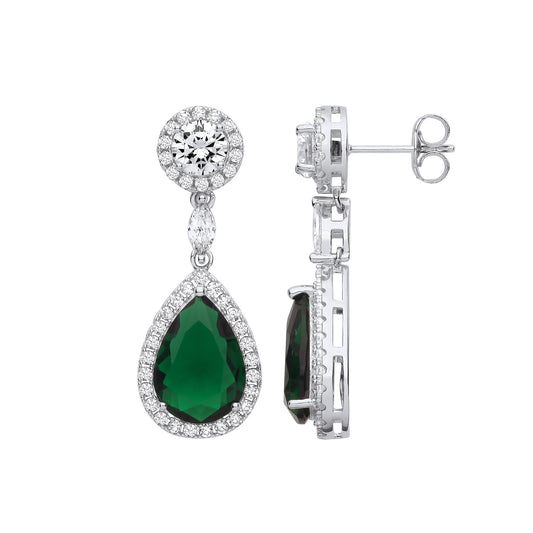 Silver Green Cubic Zirconia Pear Drop Earrings