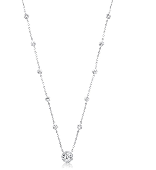 Silver 10 Rubover Cubic Zirconias with Halo Cubic Zirconia Pendant Necklace