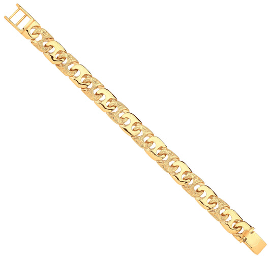 Yellow Gold 14mm Plain & Engraved Anchor Medium Link Gents Bracelet
