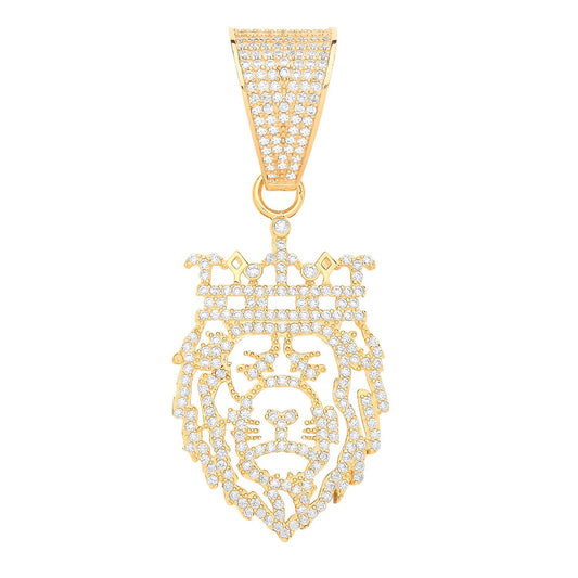 Yellow Gold Lion Face King/Crown Cubic Zirconia Cut Out Pendant