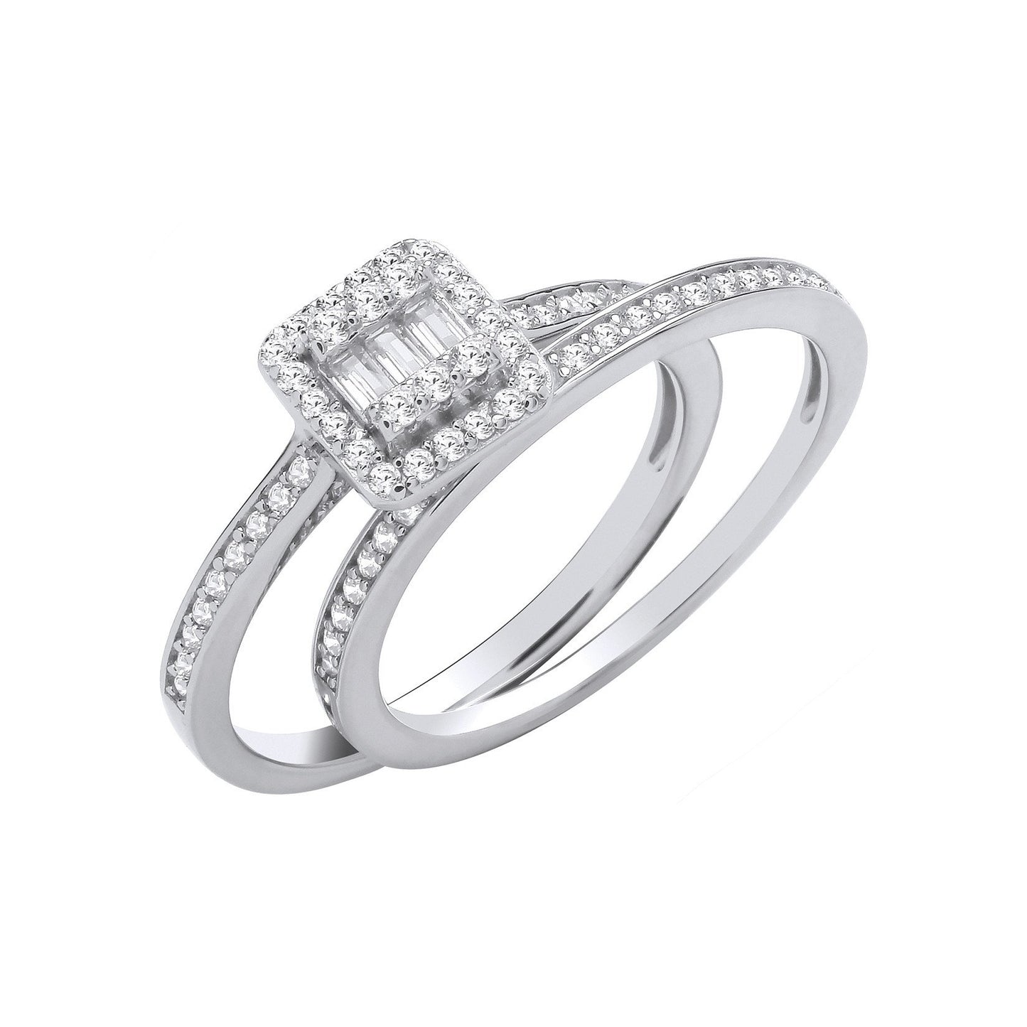 Silver Bridal Set Baguettes Centre & Round Cubic Zirconias Half Eternity Rings