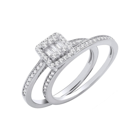 Silver Bridal Set Baguettes Centre & Round Cubic Zirconias Half Eternity Rings
