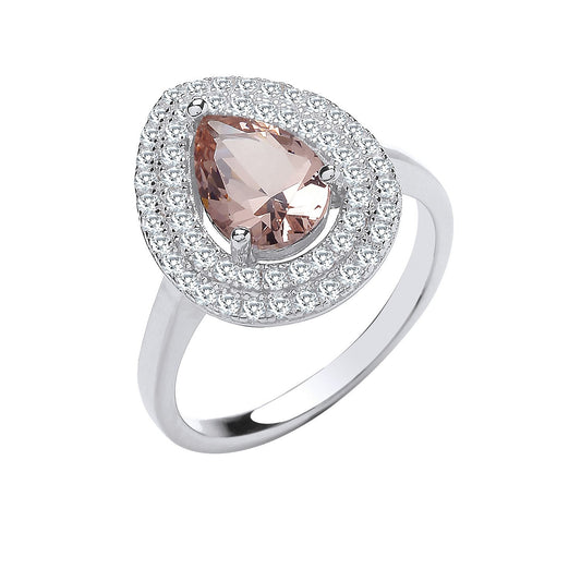 Silver Double Cubic Zirconia Pear Halo & Synthetic Morganite Ring