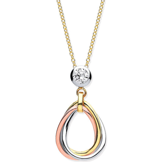 Yellow, White & Rose Gold Teardrop Tubes Pendant on 18" Chain