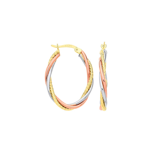 Yellow, White & Rose Gold Russian Wedding Oval Hoop Earrings