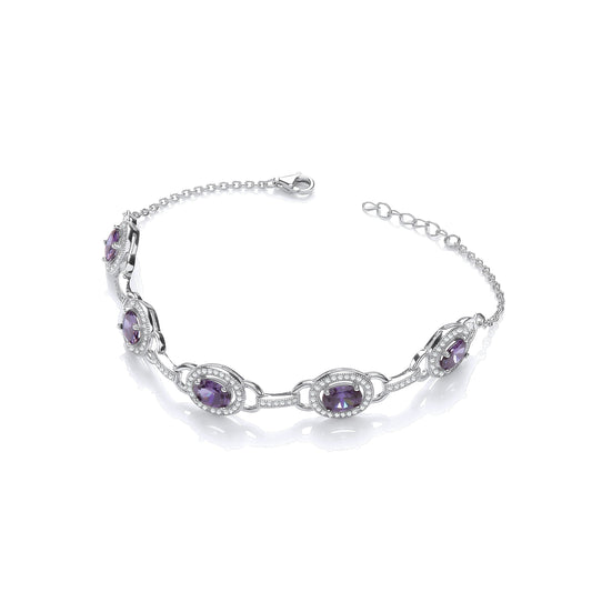 Amethyst & Clear Cubic Zirconias Halo Style Ladies Silver Bracelet
