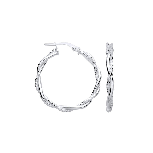 Silver Diamond Cut & Plain Twist Medium Hoop Earrings