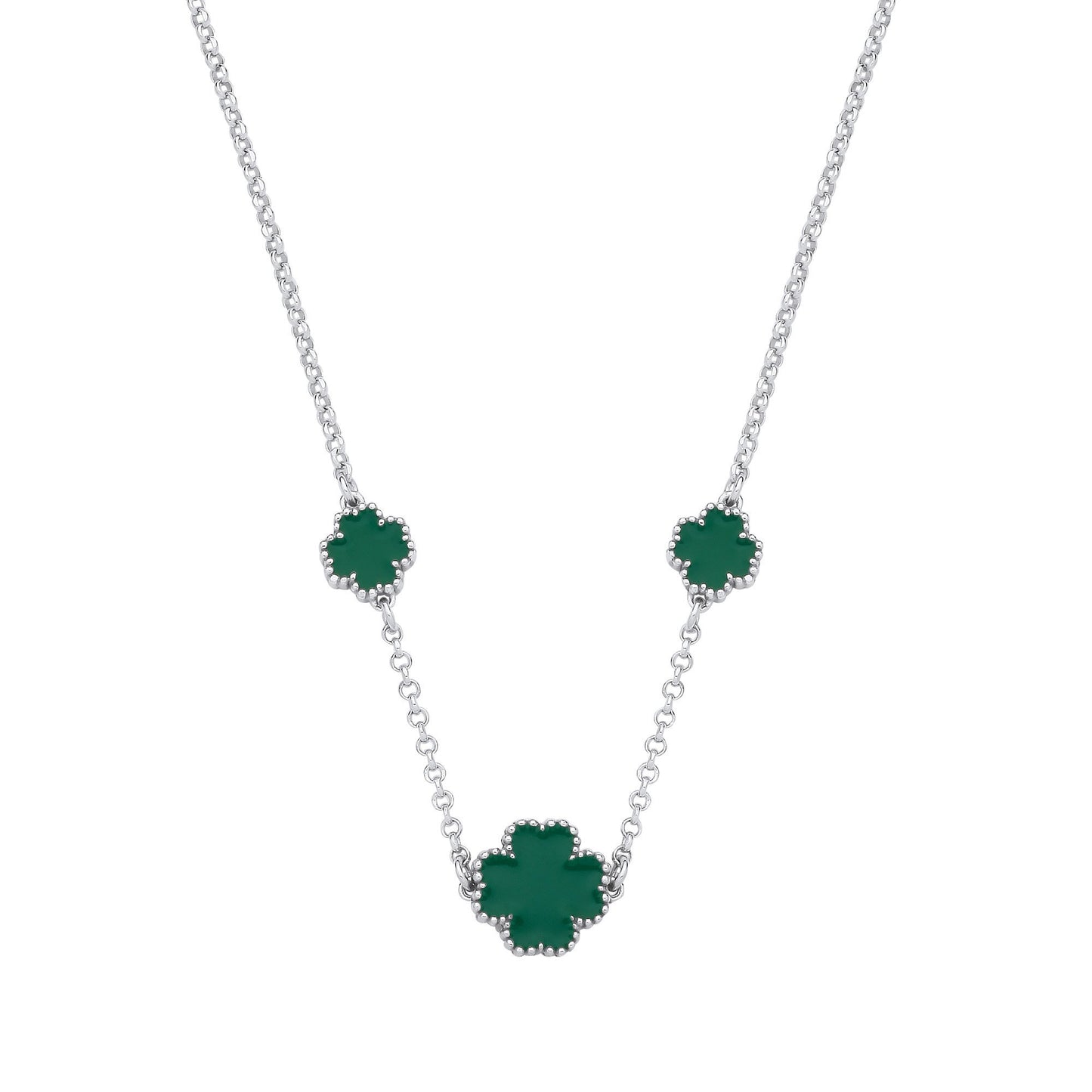 Silver Green Enamel Four Leaf Clover Necklace