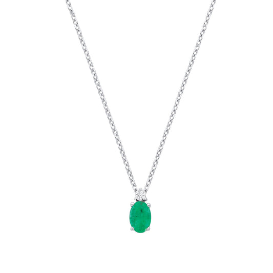 9ct White Gold Diamond 0.03ctw & Emerald 0.38ctw Necklace (Chain 17")