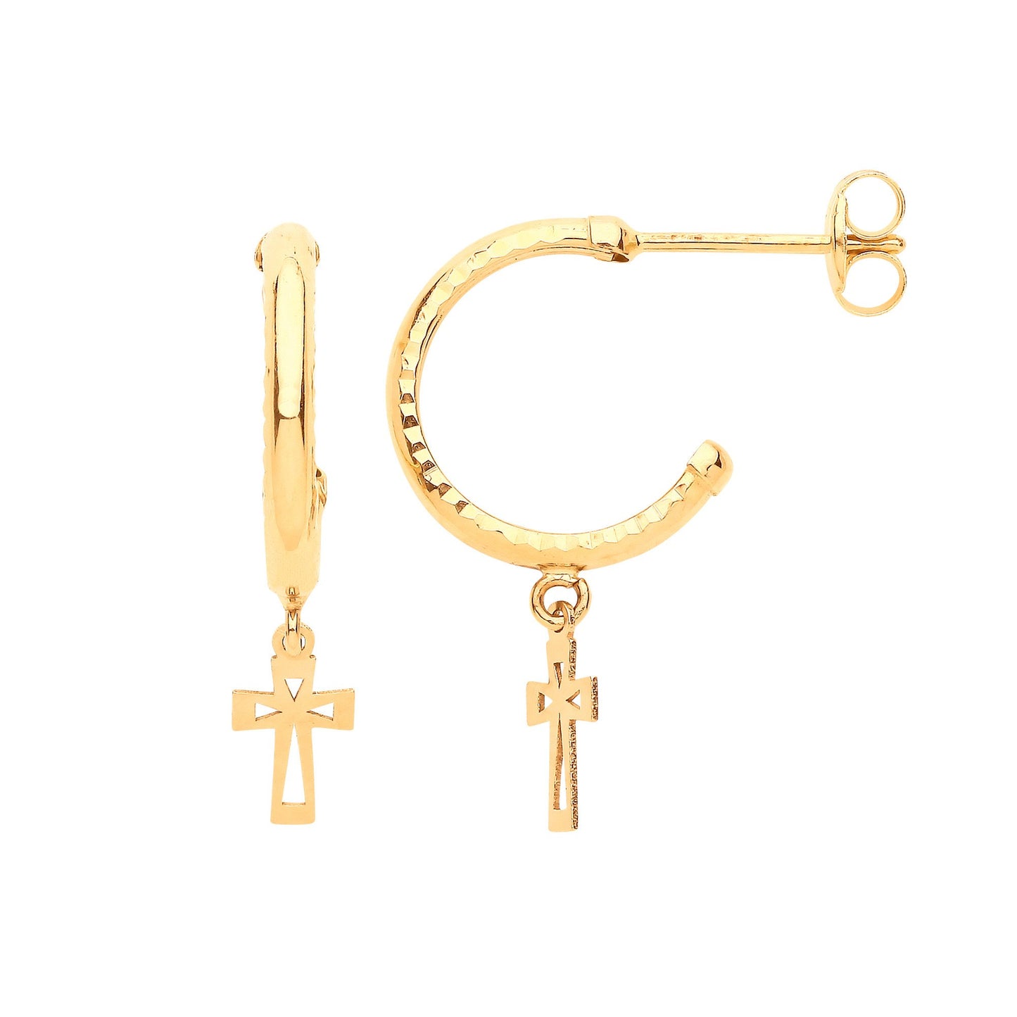Yellow Gold Diamond Cut Hoop Studs with Cross Drop