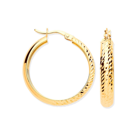 Yellow Gold 24mm Half DC Half Plain Hoop Earrings