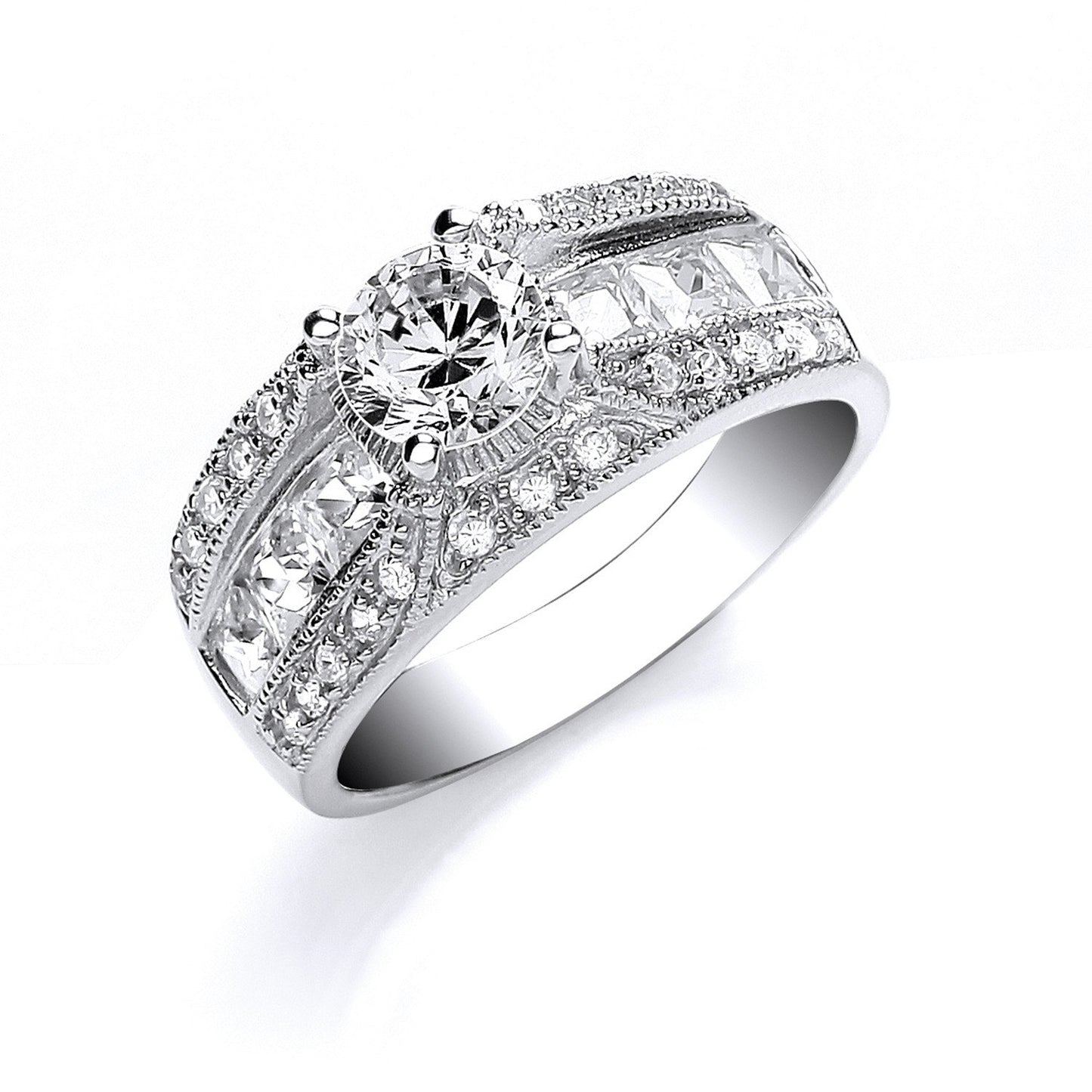 Silver Round S/S with Princess & Round Cubic Zirconia on Shoulder Ring