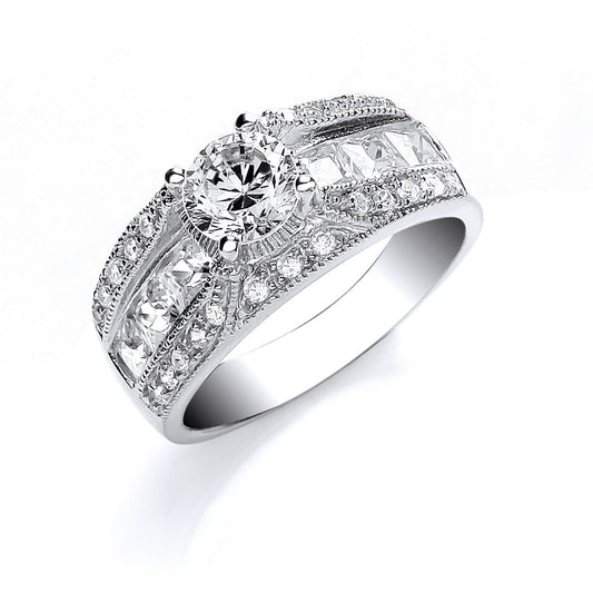 Silver Round S/S with Princess & Round Cubic Zirconia on Shoulder Ring