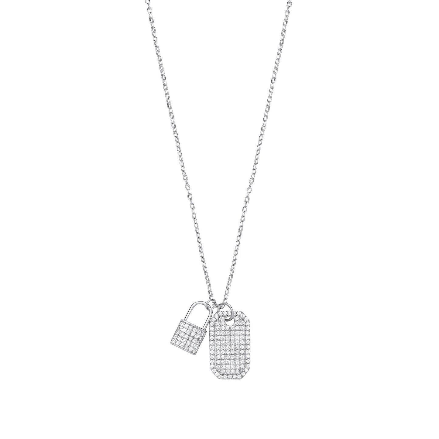 Silver Cubic Zirconia Padlock & Dog Tag Necklace