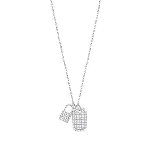 Silver Cubic Zirconia Padlock & Dog Tag Necklace