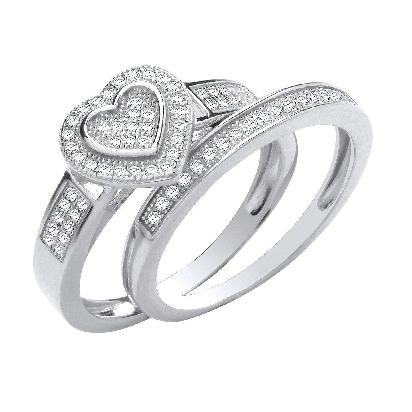 Silver Heart Bridal Set Cubic Zirconia Rings