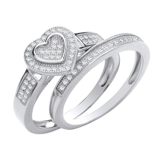 Silver Heart Bridal Set Cubic Zirconia Rings