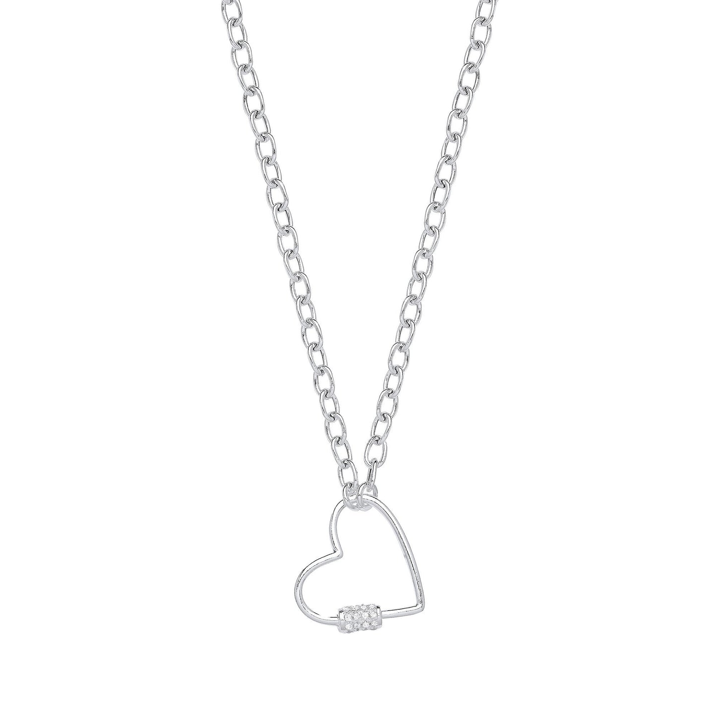 Silver Oval Link Chain , Heart Cubic Zirconia Charm Necklace